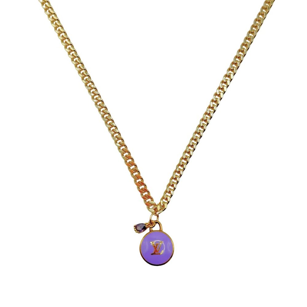 Repurposed LV ColoredPendant Necklace - PURPLE